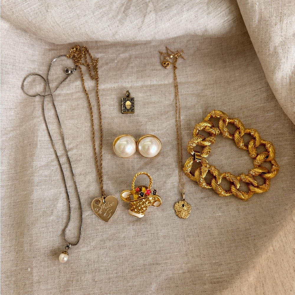 Gold-Tone Women's Jewelry Set — Pearl Studs, Link Bracelet & Pendant Necklaces